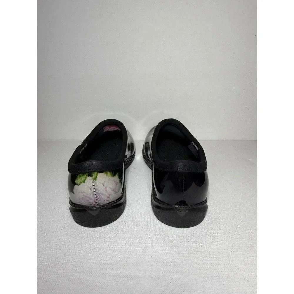 Sloggers Rain and Garden Black Clogs W Bright Pink and White Florals Sz 7 NWOT